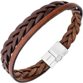 Jobo Herrenarmband 2-reihig Leder braun geflochten Edelstahl 21 cm