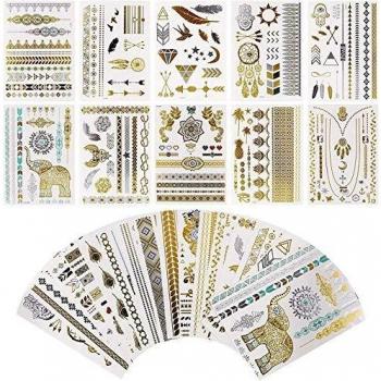 Temporary Body Art Tattoos 16 Sheets Metallic Waterproof Gold Silver