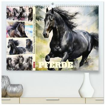 Pferde. Romantische Aquarelle von schwarzen Schönheiten (hochwertiger Premium Wandkalender 2024 DIN A2 quer) Kunstdruck in Hochglanz
