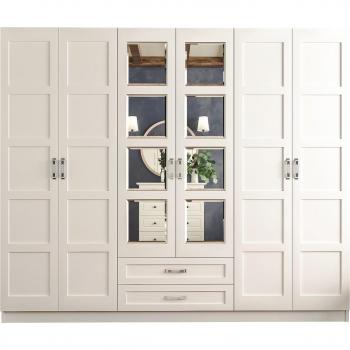 Evuhome Classic 6‑Door Mirrored Wardrobe (White) – 2 Drawer Set