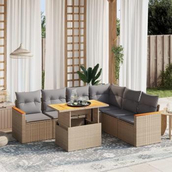 7-Piece Outdoor Sofa Set in Beige Poly Rattan with Cushions