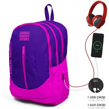 Coral High Sport Purple Pink Backpack with USB Port