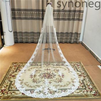 3m Real Photo One Layer Cathedral Wedding Veil with Comb Ivory Appliqued