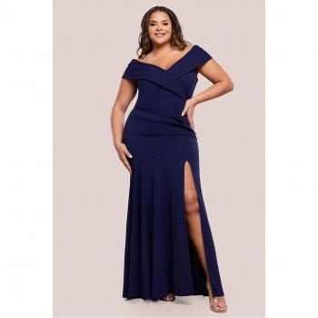 Off-Shoulder Navy Scuba Crepe Maxi with Front Split – Size 24 (Goddiva)