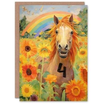 Bright 4th Birthday Card: Rainbow Horse & Sunny Flowers
