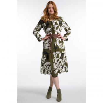 Abito lungo svasato con design grafico, scollo a girocollo, maniche lunghe, Donna, Verde, Taglia 50, Cotone/Viscosa