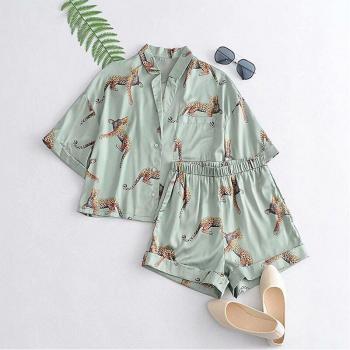 Pyjama léger à manches courtes, ensemble de 2 pièces avec short léopard