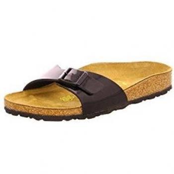 Women's black Birkenstock Madrid sandals in Birko-Flor with a patent leather look, fitting a EUR 38 foot