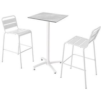 Mesa alta de mártaupe y 2 sillas altas blancas, opéra