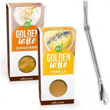 Golden Latte Duo Curcuma e Zenzero & Curcuma e Vaniglia + Cannuccia In Acciaio Inox Con Filtro