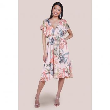 Chiffon Mid-Length Dress, Off-White, Floral Flutter Sleeves