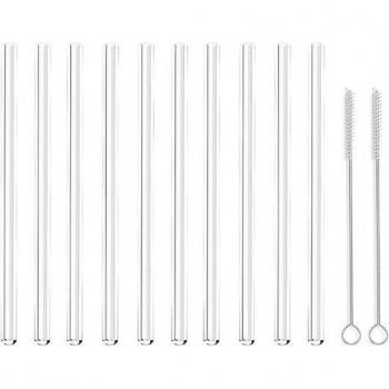 10 Clear Glass Straws with Cleaning Brush