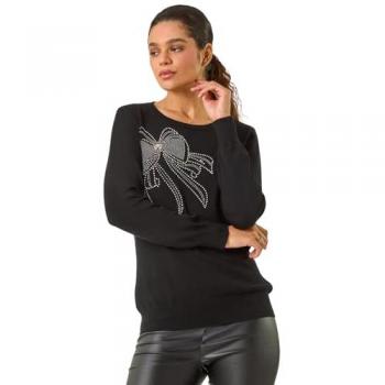 Women's Roman Sparkle Bow Crew Neck Sweater – Black 14