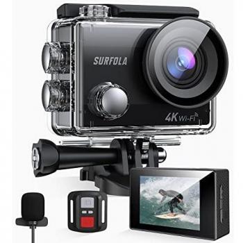 Surfola SF230 Underwater Action Cam – 4K/30FPS, 20MP, WiFi, EIS Anti‑Shake, 131ft Depth, Remote, Microphone, Helmet Pack