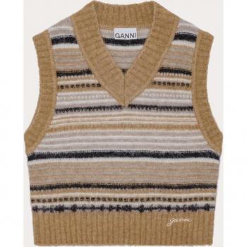 Ganni Beige V-neck Sleeveless Jumper Size XS Embroidered Logo