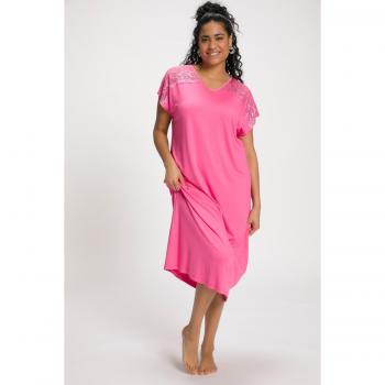 Camicia da notte donna, viscosa elasticizzata, pizzo, scollo a V, rosa, taglia 64/66