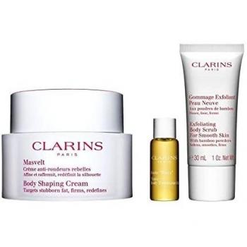 Clarins A Beautiful Body Deluxe Gift Set containing Nourishing Body Lotion, Exfoliating Scrub, and Tonic Body Oil