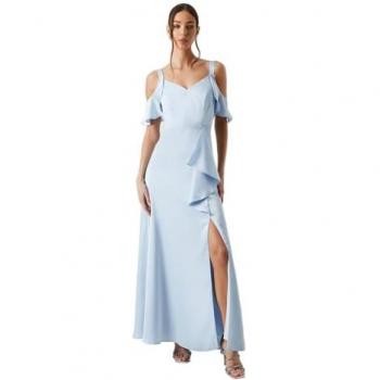 Satin Ruffle Cold Shoulder Bridesmaids Dress