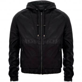 Chaqueta Bomber de Cuero Negro con Capucha 2XL
