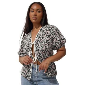 Floral Bow‑Tie Blouse (Black) – Women's Size 14