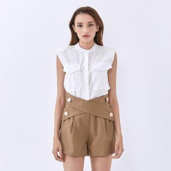 Zomer Witte Mouwloze Blouse met Opstaande Kraag voor Vrouwen