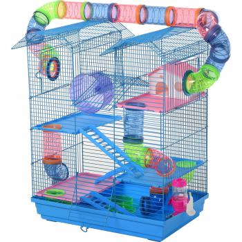 Pawhut 5 Tier Hamster Cage with Tunnel, Exercise Wheels, Water Bottle, Dishes, Ladder, Blue