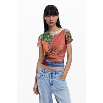 ORANGE Desigual Gasa Drapeado Camiseta Mujer S