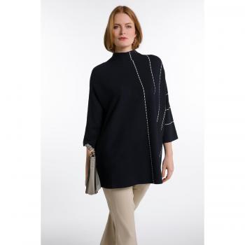 Maglione a Righe Oversize con Collo Alto e Maniche 3/4, Blu, Donna, Taglia 64/66, Viscosa/Fibre Sintetiche