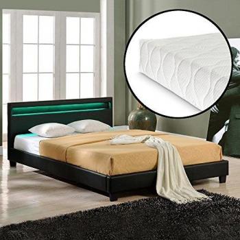 Corium Lit capitonné à LED (Paris) avec Matelas 140x200cm Noir Mousse Froide