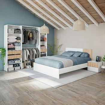 Pack Dormitorio Ethna: Cama, Cabecero, Mesitas y Vestidor en Color Blanco‑Natur