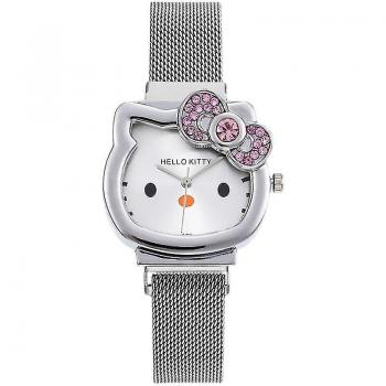Montre Vintage Hello Kitty Doré-Argent : Bracelet à Bouclier de Diamant, Chaîne Magnétique pour Femmes