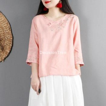Blusa de gasa de lino y algodón para mujer, cheongsam, estilo retro, holgada