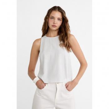 Lino Misto Celeste Top con Scollo Nuotatore Stradivarius