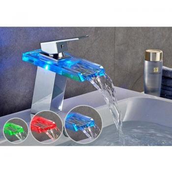 Mitigeur à cascade LED – Lavabo & Vasque – finition Argent et Verre