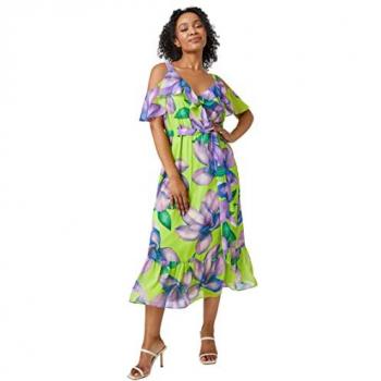 Roman Petite Womens Floral Cold Shoulder Midi Dress