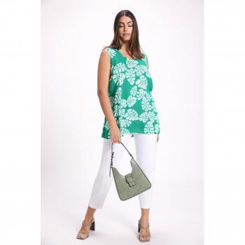 Blusa Donna Svasata Verde con Scollo a V e Foglie, Taglia 56/58, Viscosa