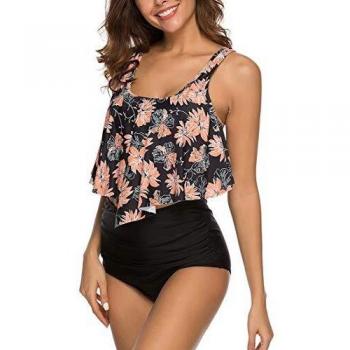 Vertvie Damen Bikini Set Neckholder Ruffles Tankini Push Up Badeanzug