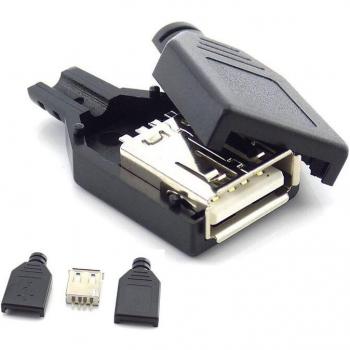 Conector USB 2.0 Hembra 3 en 1, Enchufe de 4 Pines y Carcasa Negra