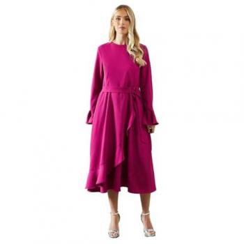 Women's Magenta Ruffle Front Midi Dress (Petite)