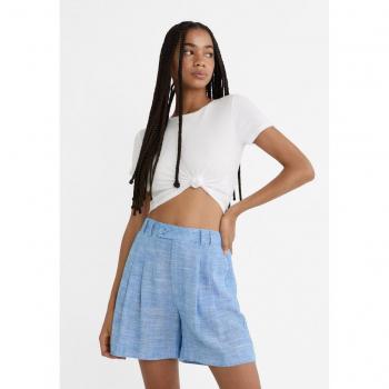 Stradivarius Flowing Pleated Linen Blend Bermuda Shorts Royal Blue 14