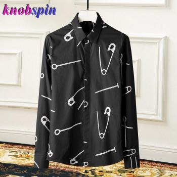 Men's Casual Long Sleeve Dress Shirt with Pin Embroidery