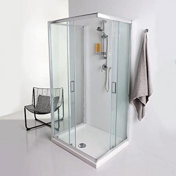Douche design 3 faces 80x80x80 cm, 2 portes coulissantes et 1 panneau fixe en verre 6 mm