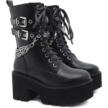 Womens Midcalf Boots Chain Details Platform Shoes Lace Up Black size 43