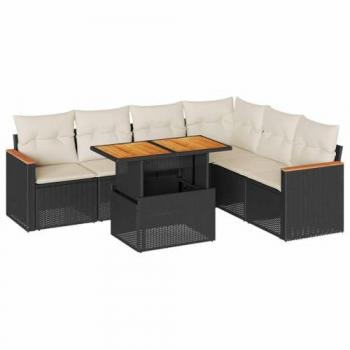 VidaXL 7-Piece Outdoor Seating Set with Cushions Black Poly Rattan Acacia