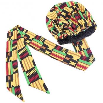 Gorro envolvente de satén africano para mujer, estampado, cinta larga, doble capa, 38cm
