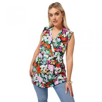Elegant Black Flared Floral Top for Women – Size 34/36