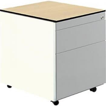 Schubladencontainer mit Rollen, 573 x 600 mm, 1 Materialschub, 1 Hängeregistratur, reinweiß / weißaluminium / Ahorn
