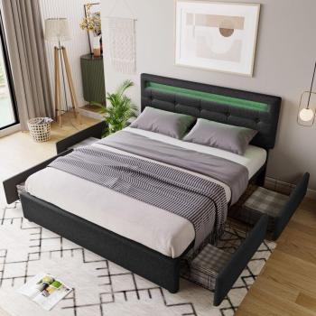 Luxe Noir 140×200 : lit capitonné, sommier latte, éclairage LED et tiroirs