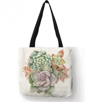 Reusable Tropical Succulent Linen Bag for Shopping