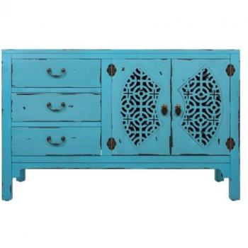Buffet compact bleu turquoise, design vintage, bois massif, 2 portes + 3 tiroirs